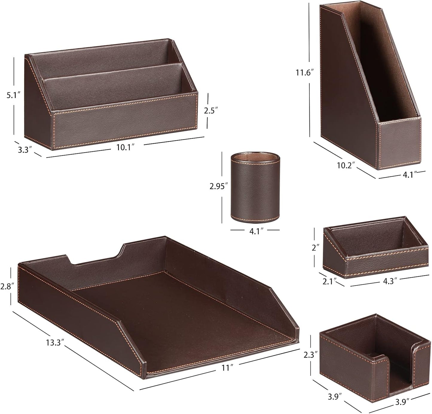 Ayunga PU Leather 6-piece Office Supplies Combination Set,Pencil Cup,Business Card Holder,Sticky Note Dispenser,Mail Sorter,Letter Tray,Files Holder,Suitable for Self-use and Friend Gifts (Brown)