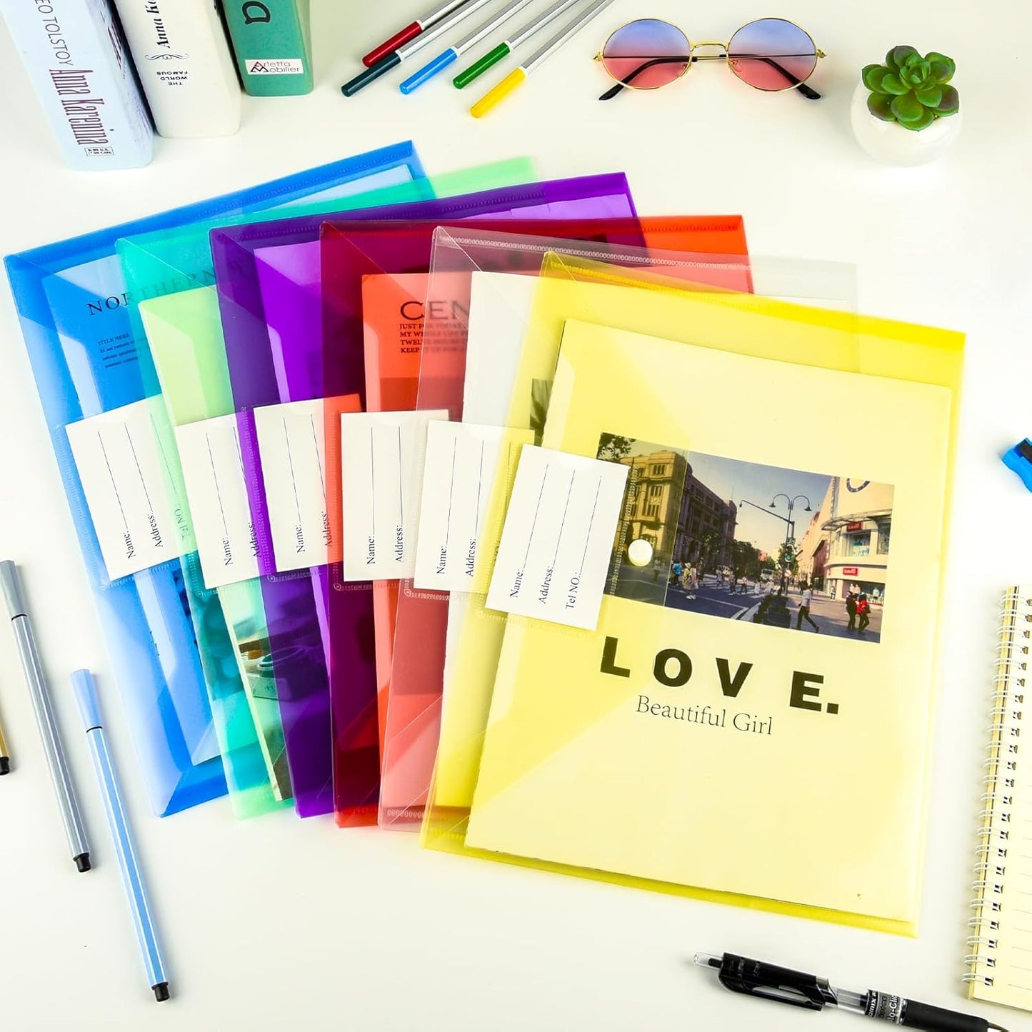 NACHLYNN 18 Pack Plastic Envelopes Plastic Folders with Snap Closure, 6 Colors A4 Size Clear File Envelopes with Label Documents Folders Organizers for Home Work Office Organization