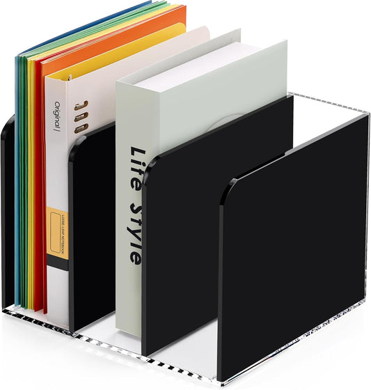 Acrylic Magazine File Holder Desktap Organizer Folder Rack Workspace Sorters, Bookend File Sorter Holder Office Accessories Organization Storage 3 Vertical Compartments, Black