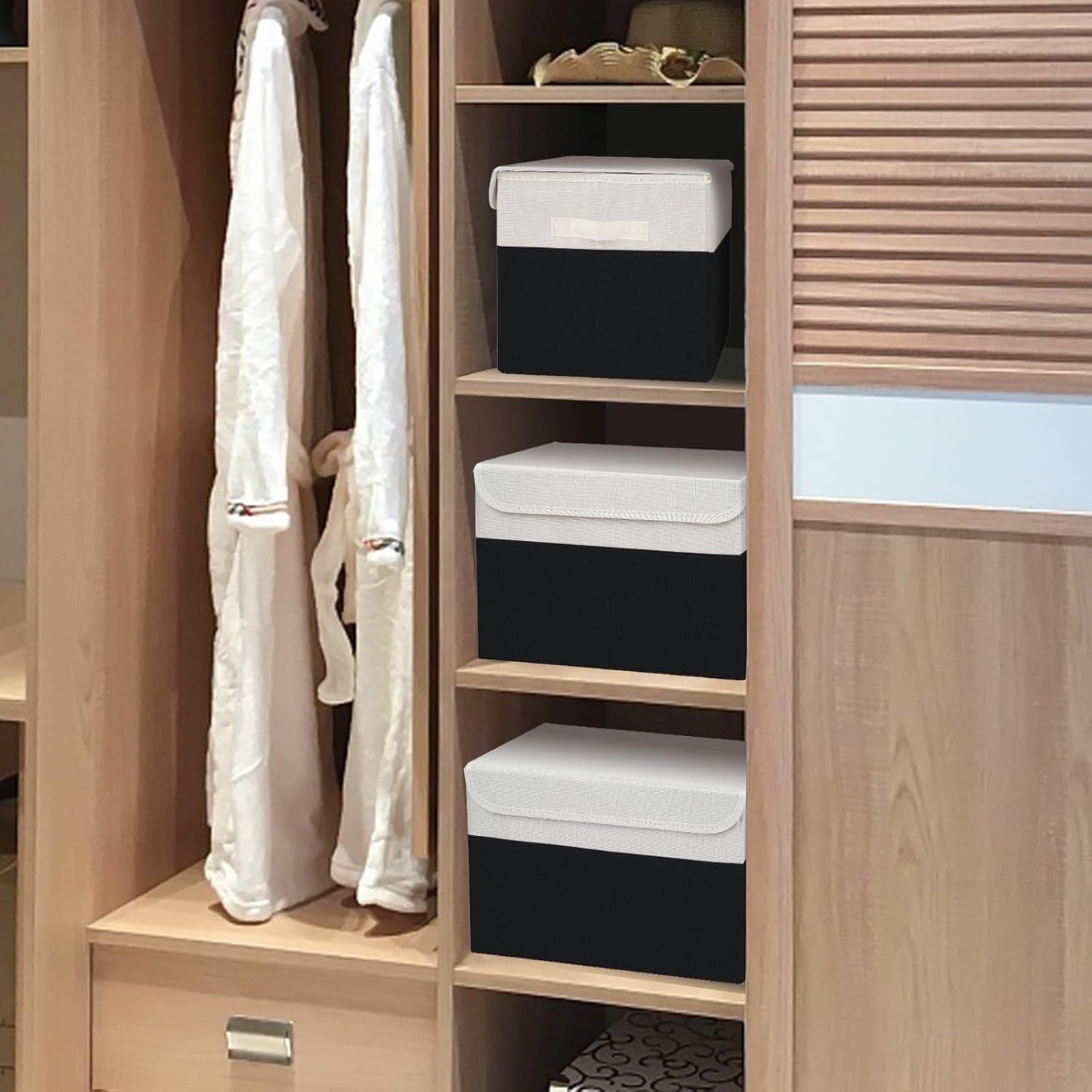 Large 17" 42 Quarts Collapsible Stackable Storage Bins with Lids [3-Pack] Foldable Fabric Linen Storage Boxes Cube, Closet Organizer Baskets with Label for Home (16.7 x 12 x 12", Black & White)