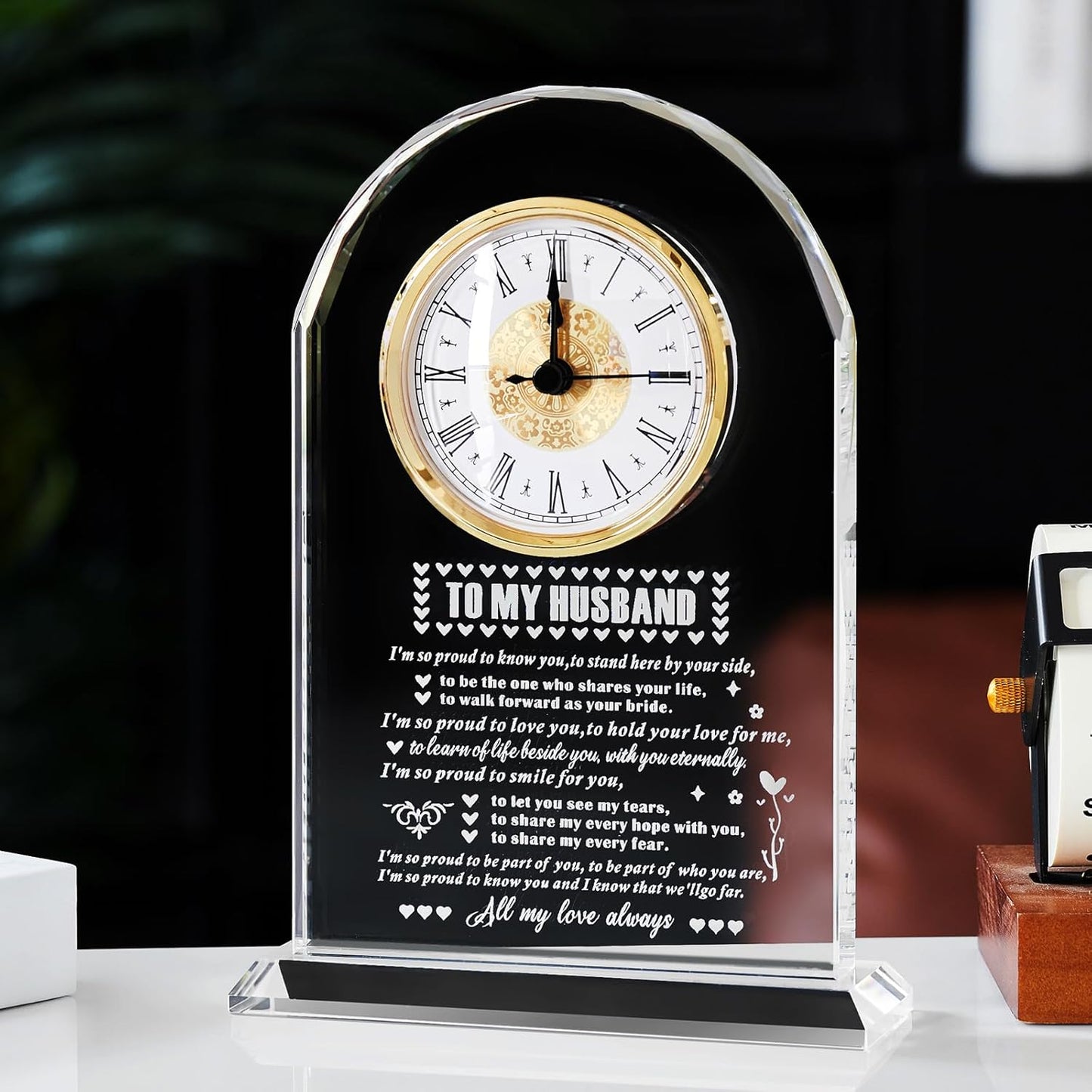 Gifts for Husband from Wife，Romantic Birthday Gifts for Husband Home Office Desk Decorations, Christmas, Wedding Anniversary, Valentine's Day and Father's Day Gifts Glass Clock Gift (Battery not Included) (Husband Gifts)