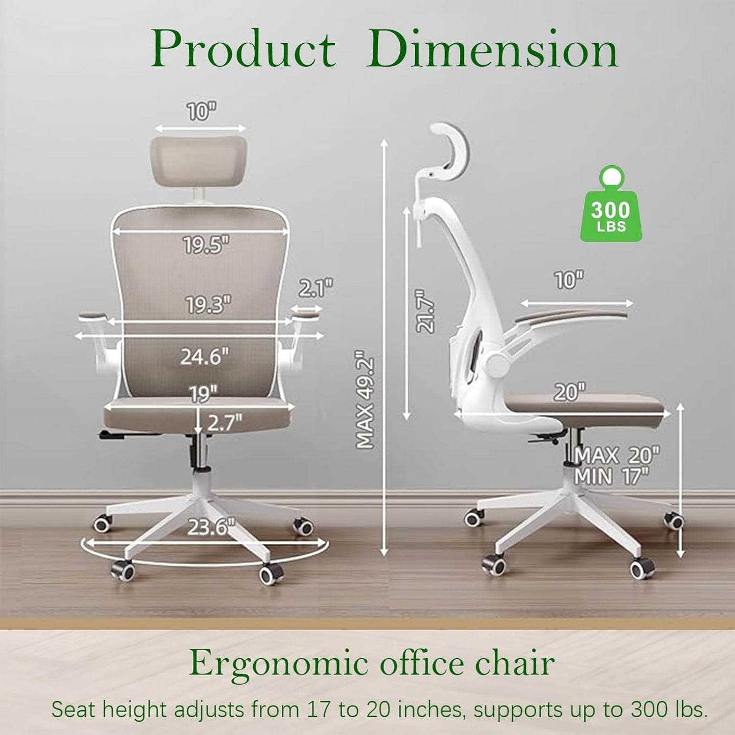 Ergonomic Office Chair, High-Back Mesh Computer Desk Chair with Adjustable Height, Lumbar Support, Flip-Up Armrests,headrest，and Swivel Rolling Design for Home and Office Use