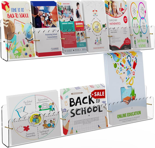 Brochure Holder Wall Mount, 2 Pack Acrylic Modular Flyer with Adjustable Magnetic Golden Bolt, Wavy Lace Pamphlet Display Stand for Organizer Trifold Flyer, Document, Leaflet, 6 Slots