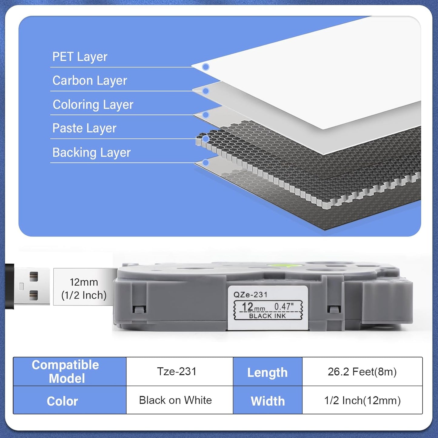 5Pack TZe-231 Tape Label Maker Compatible with Brother P-Touch TZe-231 Tape, TZE231 ½” 0.47”x 26.2 ft Laminated Black on White, for use with PT-D210, PT-H110, PT-D220, PT-D410, PT-D600