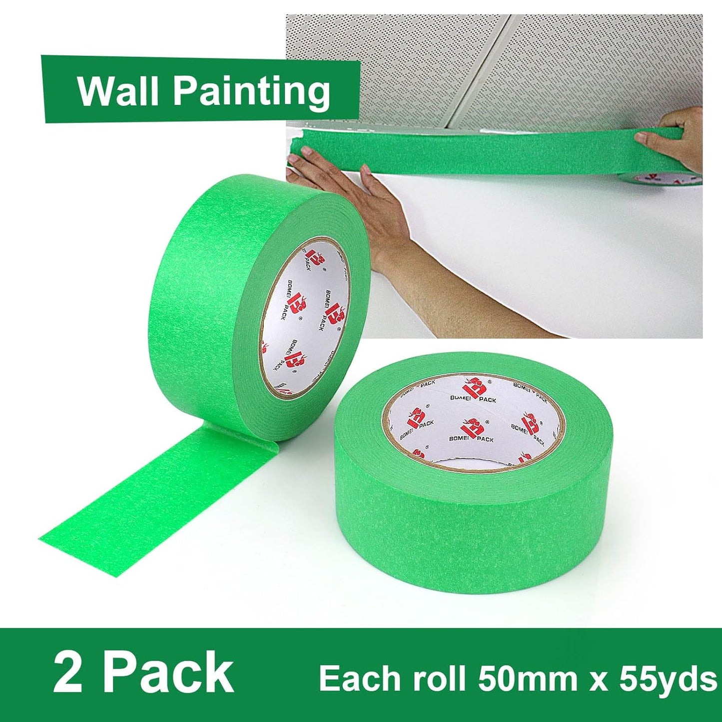BOMEI PACK 2 Inch Green Painters Tape, 2 Pack Paint Green Masking Tape 2 inch x 55 Yards for Walls Painting, Labeling, DIY Crafting, Decoration and School Projects