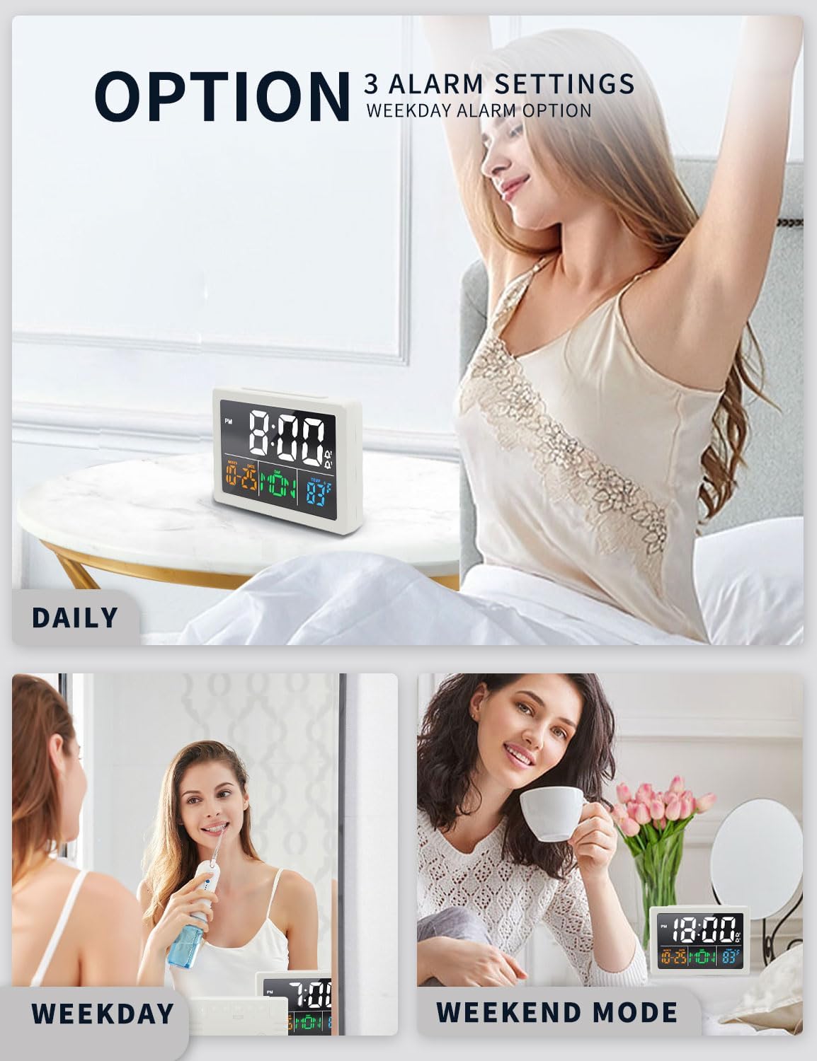 Digital Alarm Clock, with 5.5" Large LED Time Display, Adjustable Alarm Volume, 6 Level Brightness, Alarm Settings, USB Charger, Temperature Detect, Snooze, Clocks for Bedroom, Bedside, Desk, White