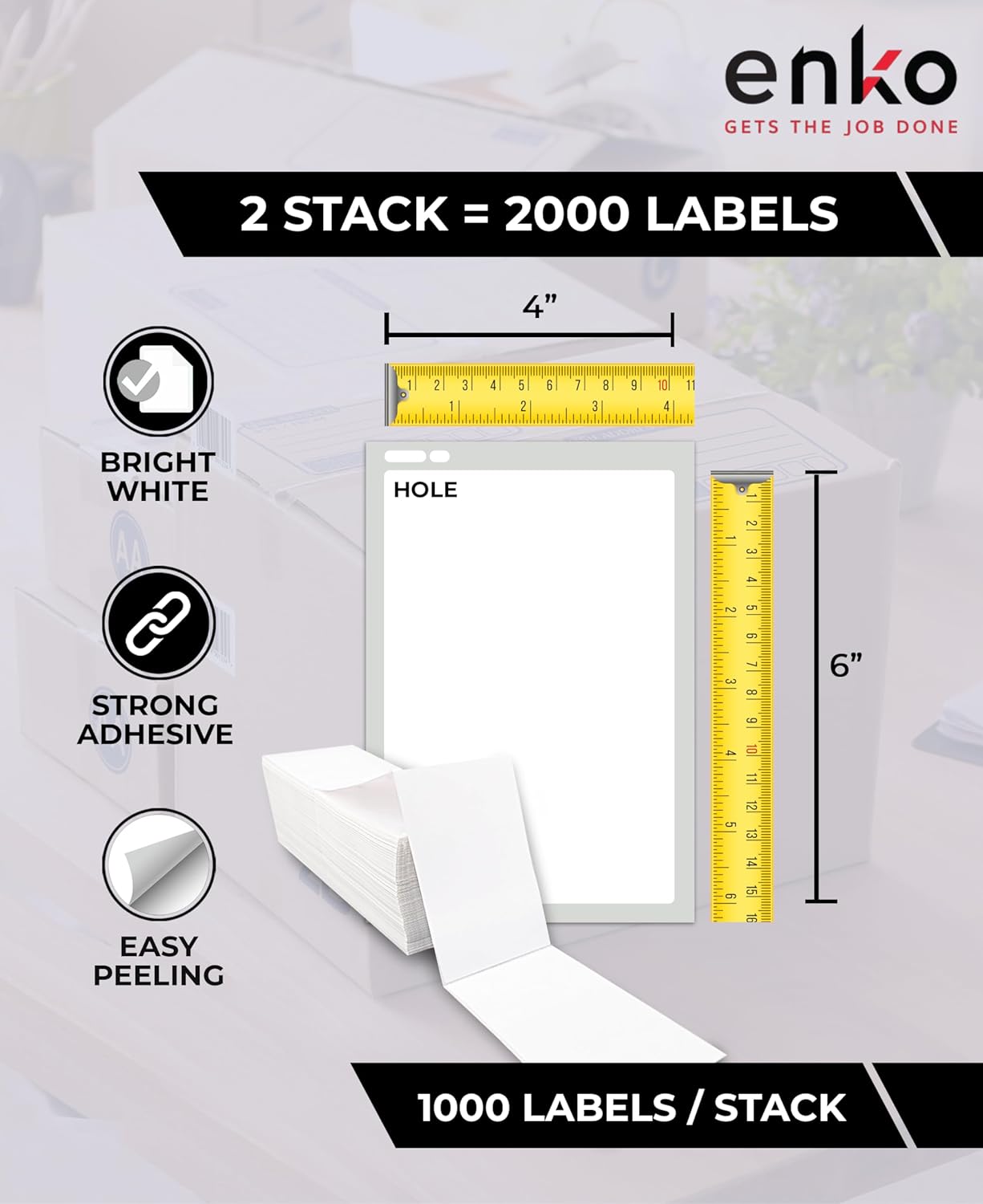 enKo 2 Stacks/2000 Labels 4"x6" Fanfold Direct Thermal Labels Compatible for Rollo Zebra Printer - Shipping Mailing Postage Labels, Perforated, Permanent Adhesive (2 Labels/Fold | 1000 Labels/Stack)