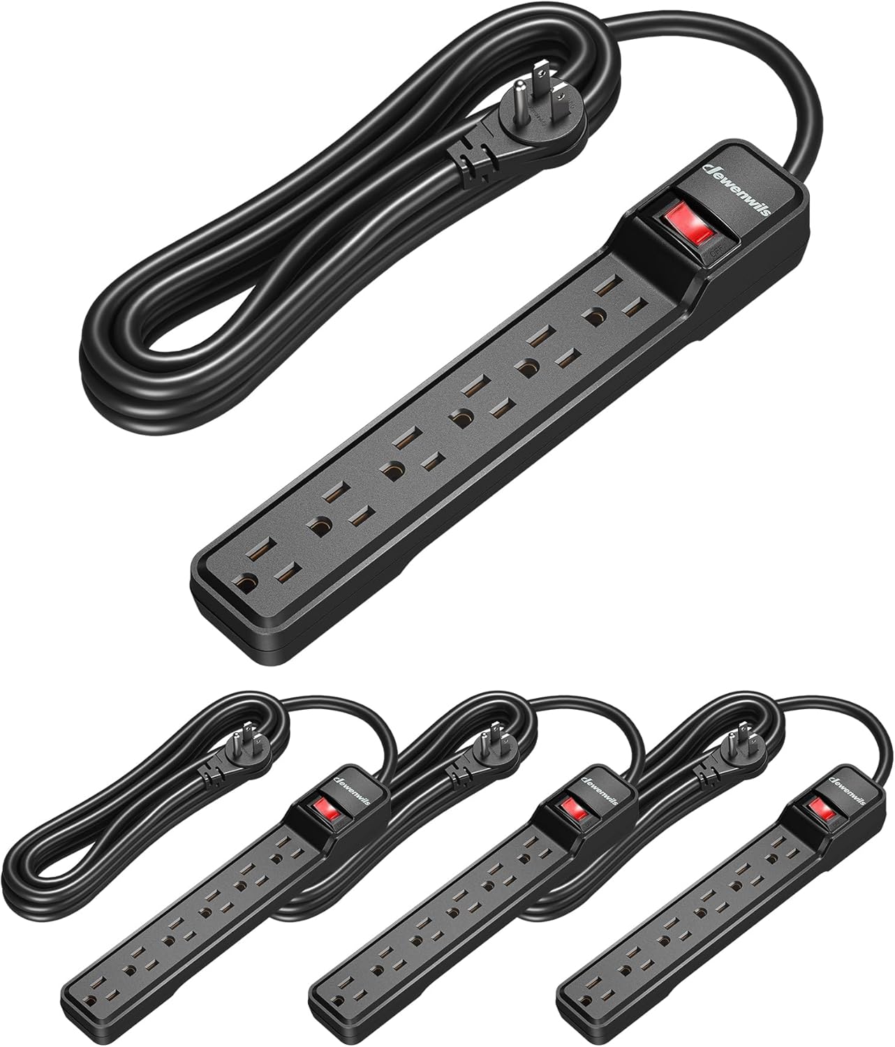 DEWENWILS 15 Foot Long Power Strip, 6-Outlet Power Strip 15FT, 15 Amp Circuit Breaker, Low Profile Flat Plug, Surge Protector for Office, Living Room, Bedroom, 4 Pack, Wall Mount, Black