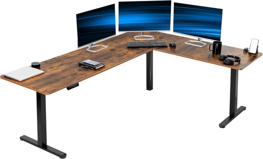 VIVO Electric Corner L-Shaped 84 x 63 in Rustic Standing Desk, Memory Height Adjustment, Vintage Brown Top Black Frame, DESK-E3CTBN-84