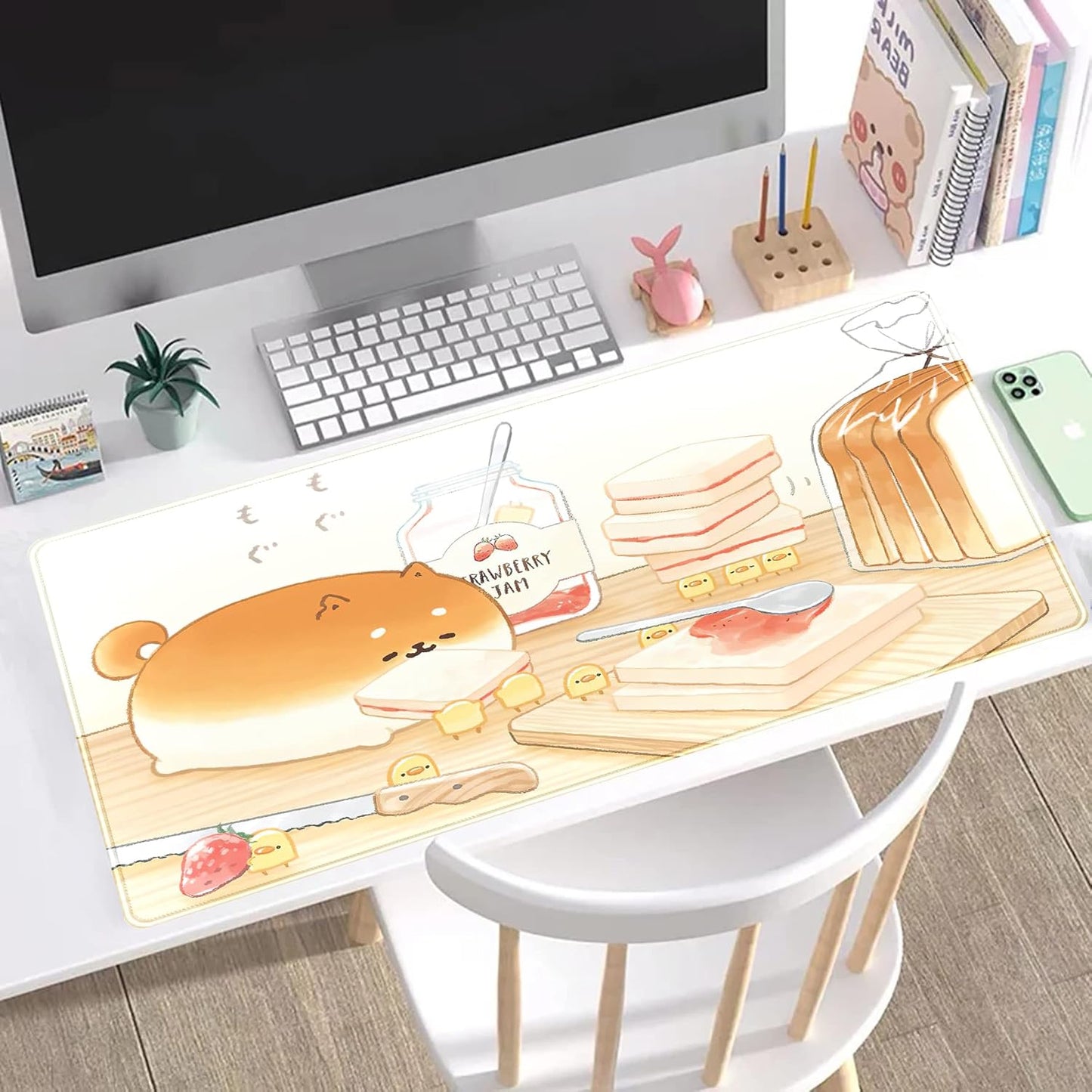 Cute Desk Mat Anime Cartoon Desk Pad Mouse Pad Kawaii Large Yellow Shiba Inu Gaming Mousepad XXL Laptop Keyboard Desktop Writing Pad Stitched Edge Desk Accessories for Girls Students 31.5''X15.7''