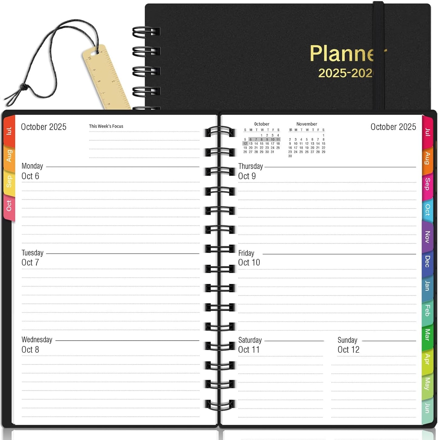 Daily Planner 2025-2026, 18 Month Planner with Tabs, July 2025 - December 2026 Weekly and Monthly Academic Year Calendar Spiral Time Management, 100GSM Thick Paper, Twin-Wire Binding, A5 Size, Black