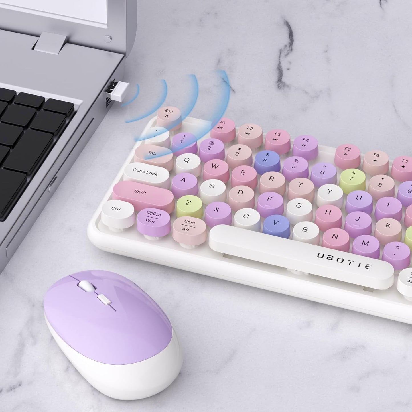 UBOTIE Colorful Computer Wireless Keyboards Mouse Combos, Typewriter Flexible Keys Office Full-Sized Keyboard, 2.4GHz Dropout-Free Connection and Optical Mouse (White-Colorful)
