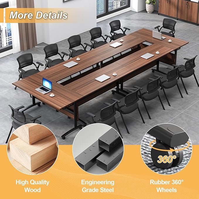 Conference Room Table with Silent Wheels, Mobile Folding Conference Table for 16 Person,Flip Top Office Training Tables with Walnuts Wood Tabletop, for School,Business Meeting Rooms (8Pack 47in)