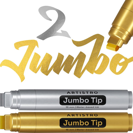ARTISTRO 2 Gold & Silver Acrylic Paint Markers - 15mm Jumbo-Tip Paint Pens - Perfect for Crafting, Art Projects, & More