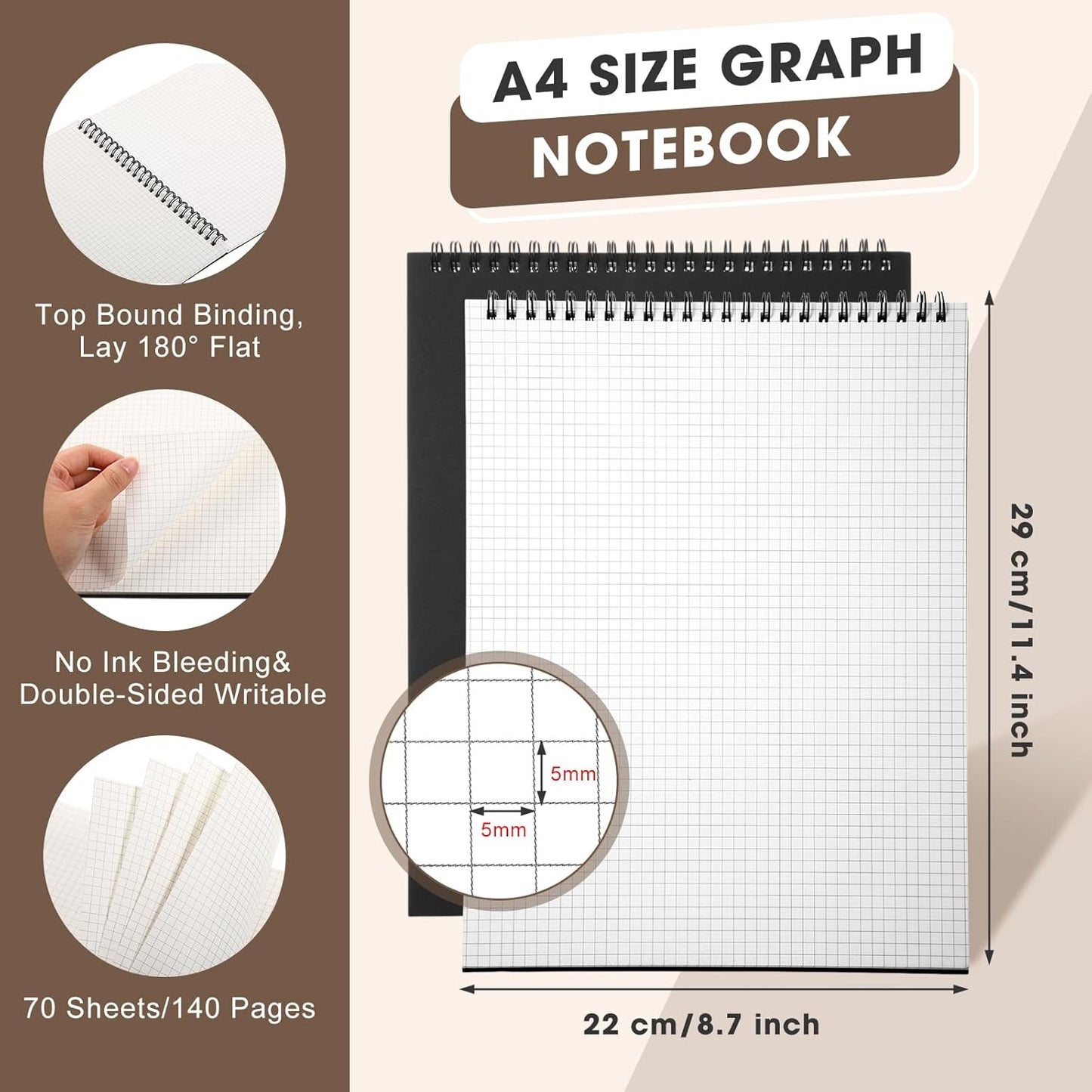2 Pack Top Spiral Graph Paper Notebooks 8.7 X11.4 Inch A4 Grid Paper Notepad 70 Sheet Memo Steno Pad for Engineering Writing Sketching Drawing School Office Supplies (Black)