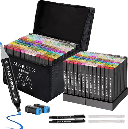 Banral 130 Colors Alcohol Markers Set, Dual Tip Alcohol Based Art Marker for Artists Kids Adult Coloring, Permanent Illustration Sketch Pens for Drawing