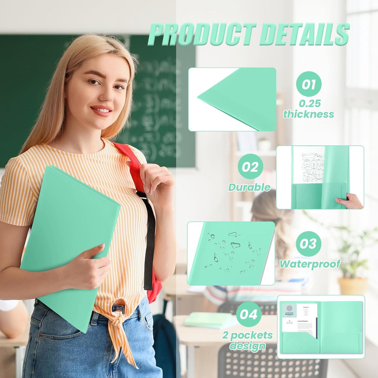 Gueevin 150 Pcs Plastic Folders with Pockets, Two Pocket Folder Fit 8.5 x 11 Inch Letter Size Paper, Heavy Duty School Folders Business Card Holder for Home Office School Bussiness (Light Green)