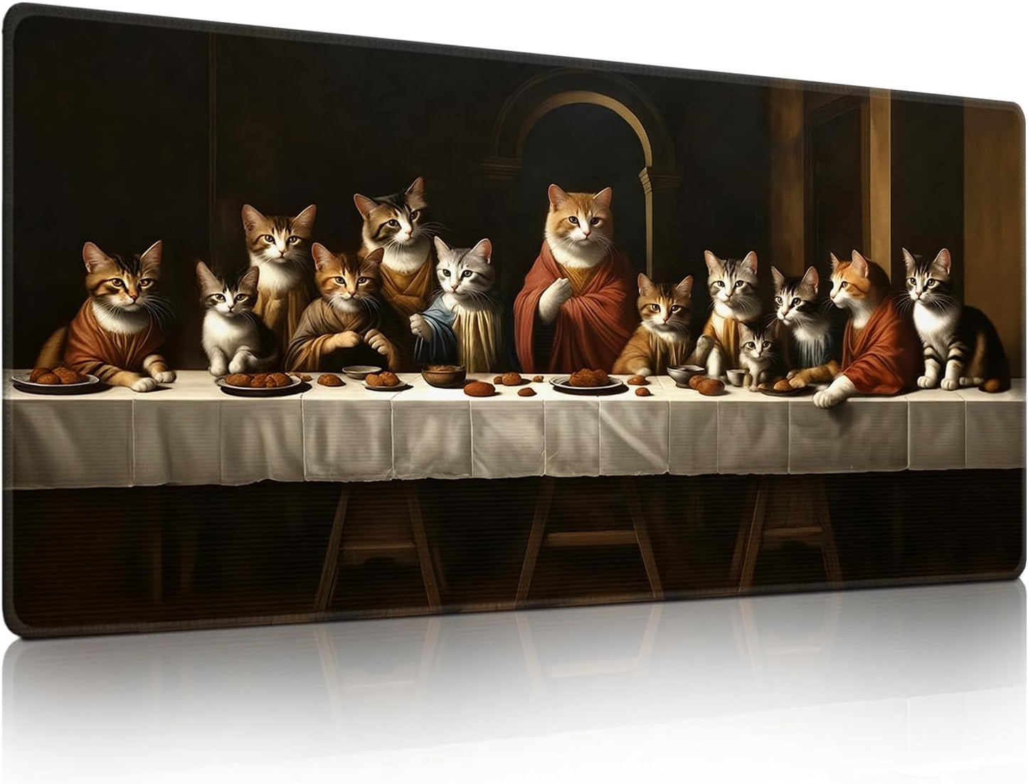 Artistic Cat Last Supper Mouse Pad, Adorable Cats in Religious Scenario Mousepad - Large Non-Slip Desk Mat for Office, PC, Laptop - 35.5"x15.7" x 3mm