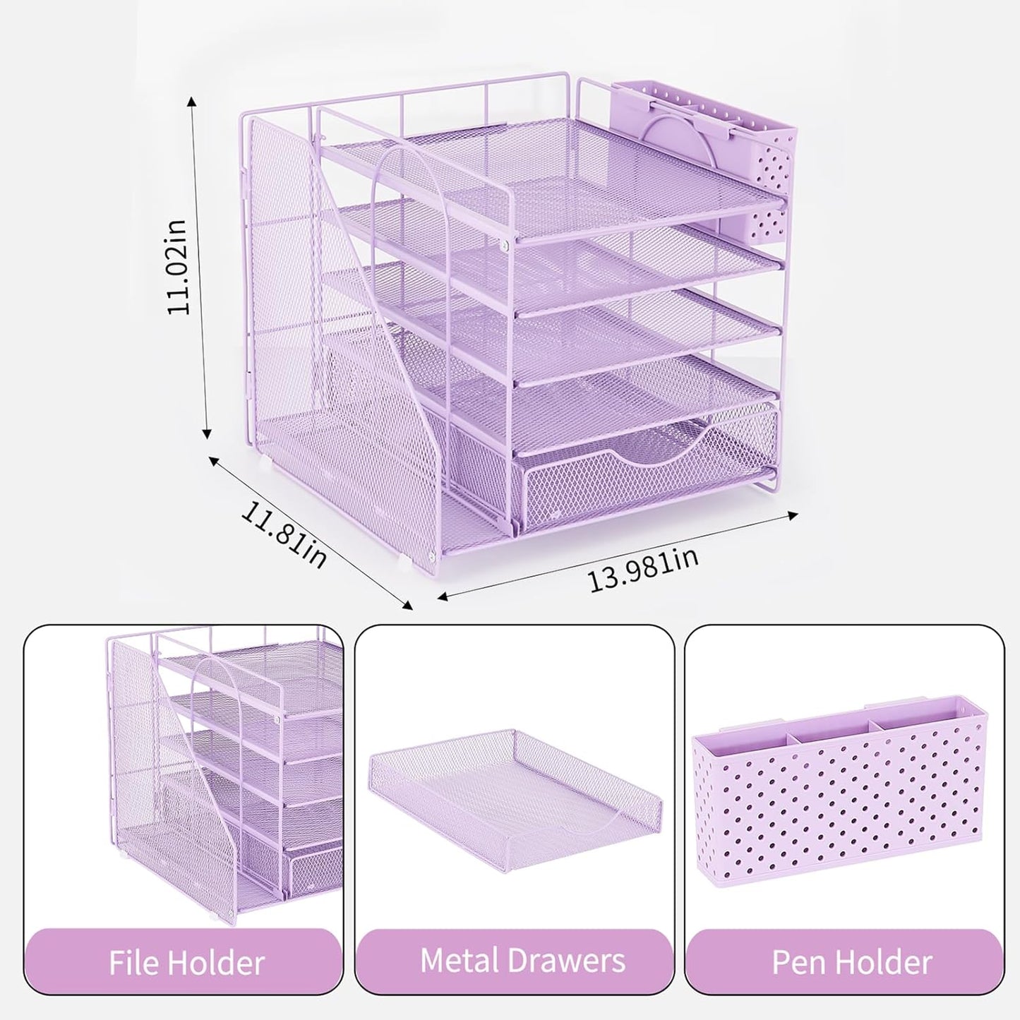 Desk Organizer with Drawer and Pen Holder, 5-Tier Paper Letter Tray Organizer with File Holder, Suitable for Workspace Organizer Office Supplies Storage (Purple)