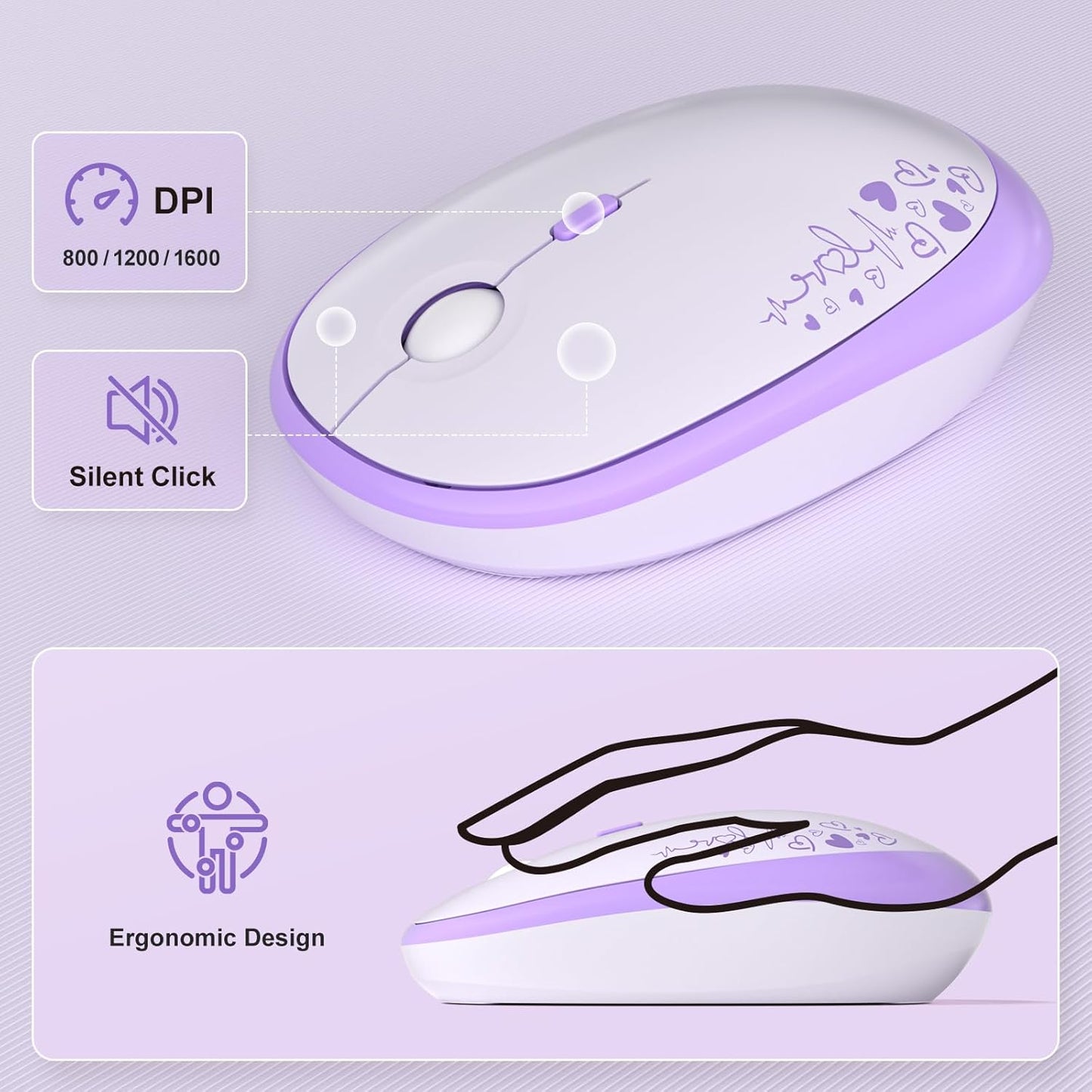 Wireless Keyboard and Mouse Combo, MOWUX Full Size Typewriter Retro Round Computer Keyboard, Cute Optical Mouse Wireless, Plug and Play, for Laptop, PC, Computer- Purple Heart
