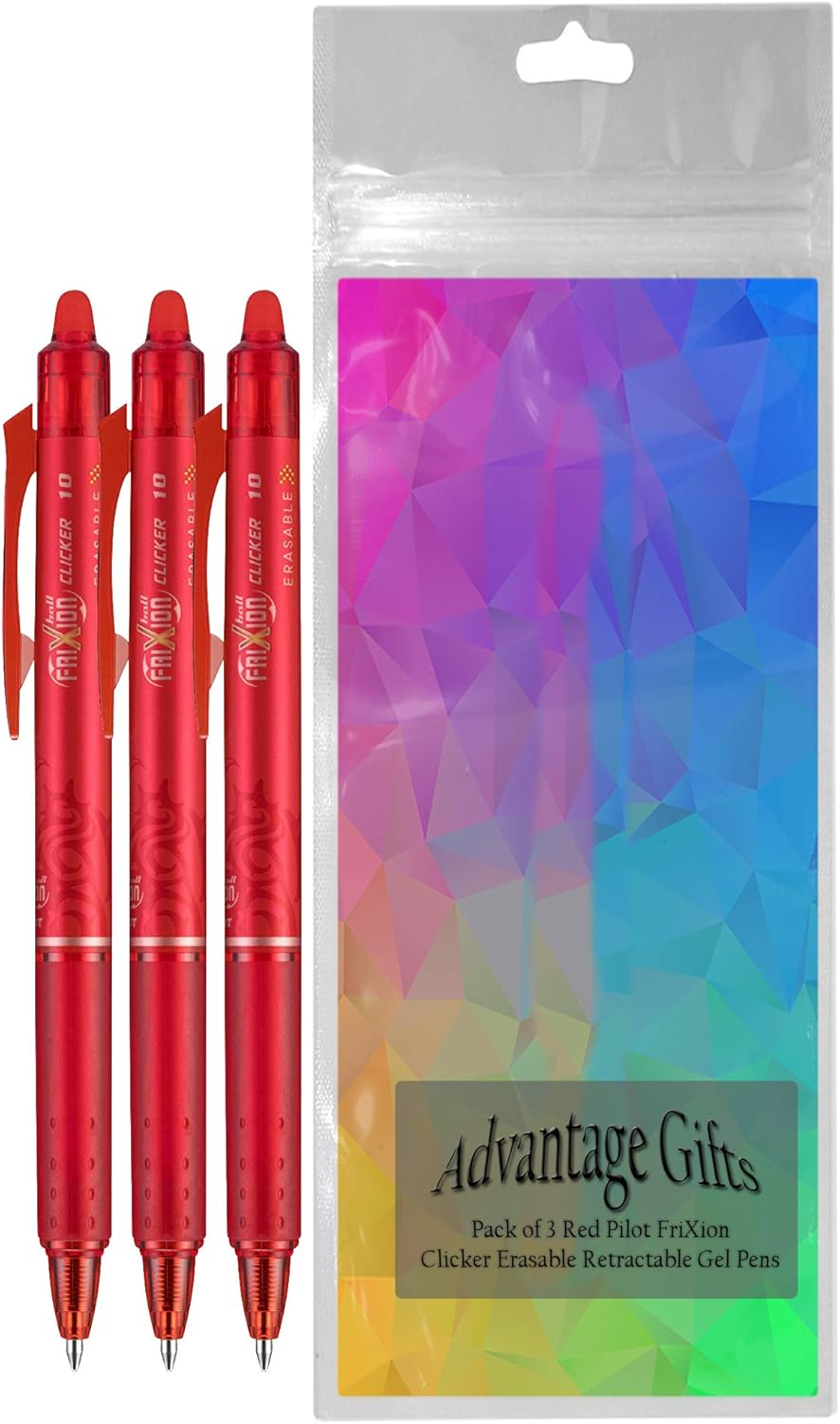 FriXion Clicker Retractable Erasable Gel Pen, Red, Bold Point, 3-pk; Bundle with Plastic Reusable Pouch