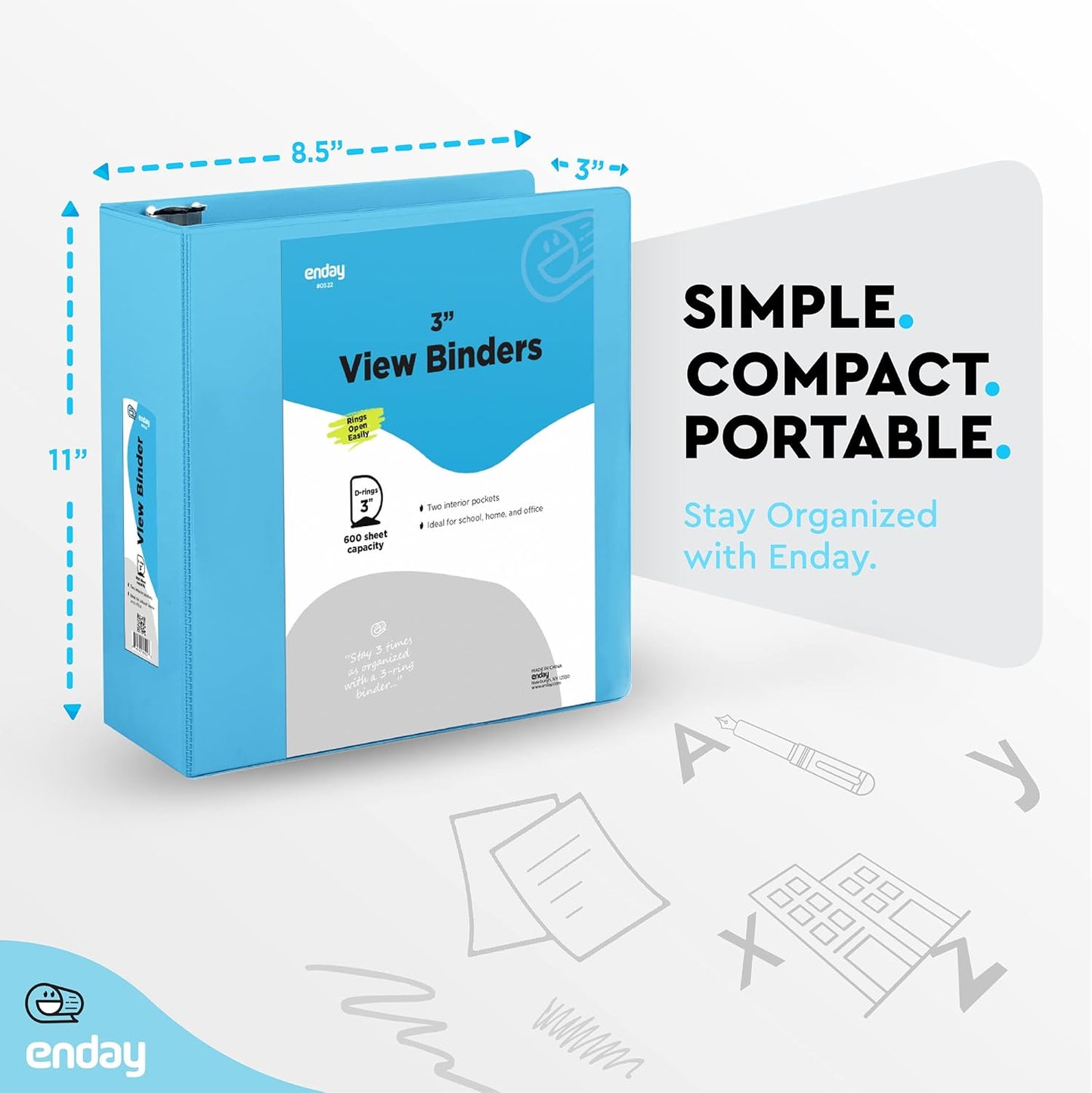 3 Slant D-Ring Binder 3 Inch Blue, 3 in Clear View Cover with 2 Inside Pockets Binder, Heavy Duty Colored School Supplies Binders,Also Available in Green, Grey, Purple, Red, Pink (6 PC) – by Enday