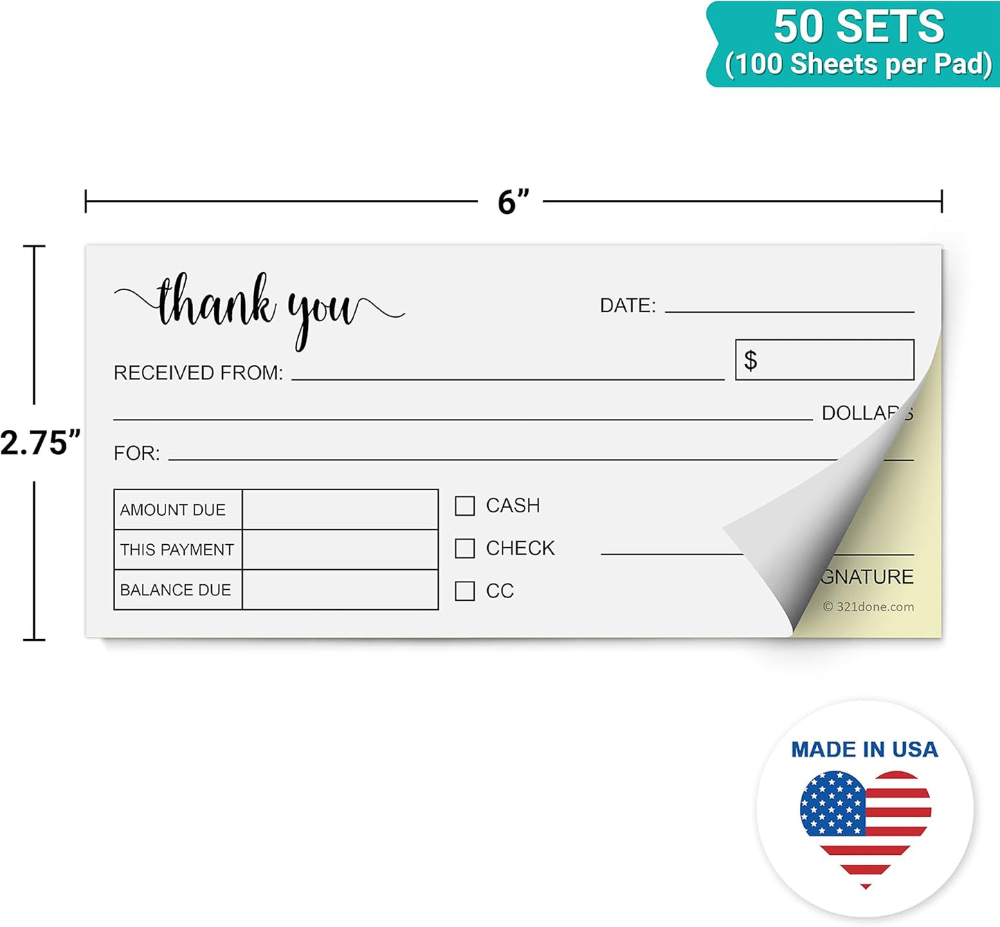 321Done 2-Part Carbonless Thank You Receipt Book, 2.75x6 Pocket Size, Made in USA, Cute Handheld Duplicate Copy Order Form for Craft Boutique Business (50 Sets) White/Yellow