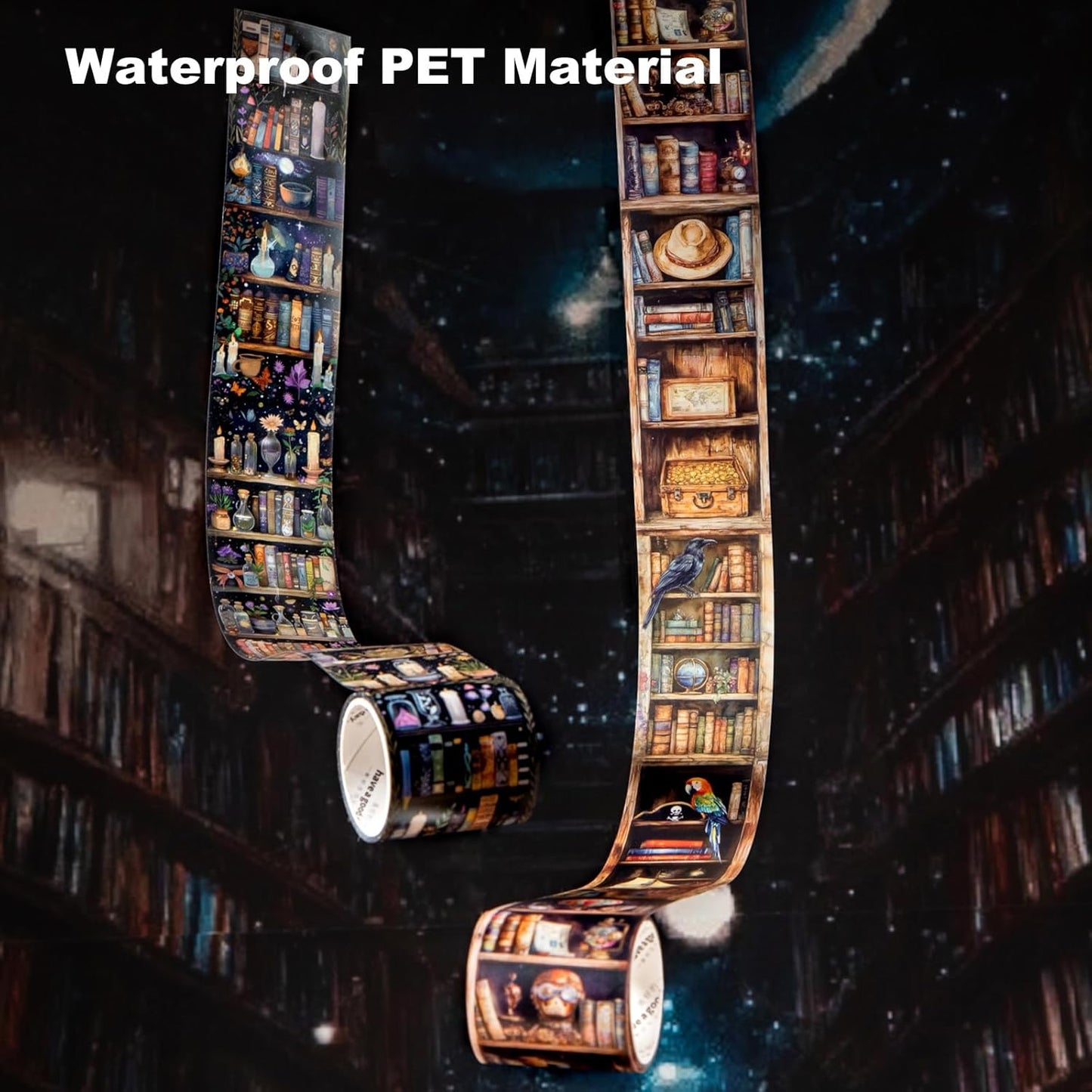 6 Rolls Dark Magic Bookcase PET Tape Set with Clip, Waterproof Gothic Scrapbook Sticker Rolls for Journaling, Bullet Diary, and Ephemera Craft Supplies