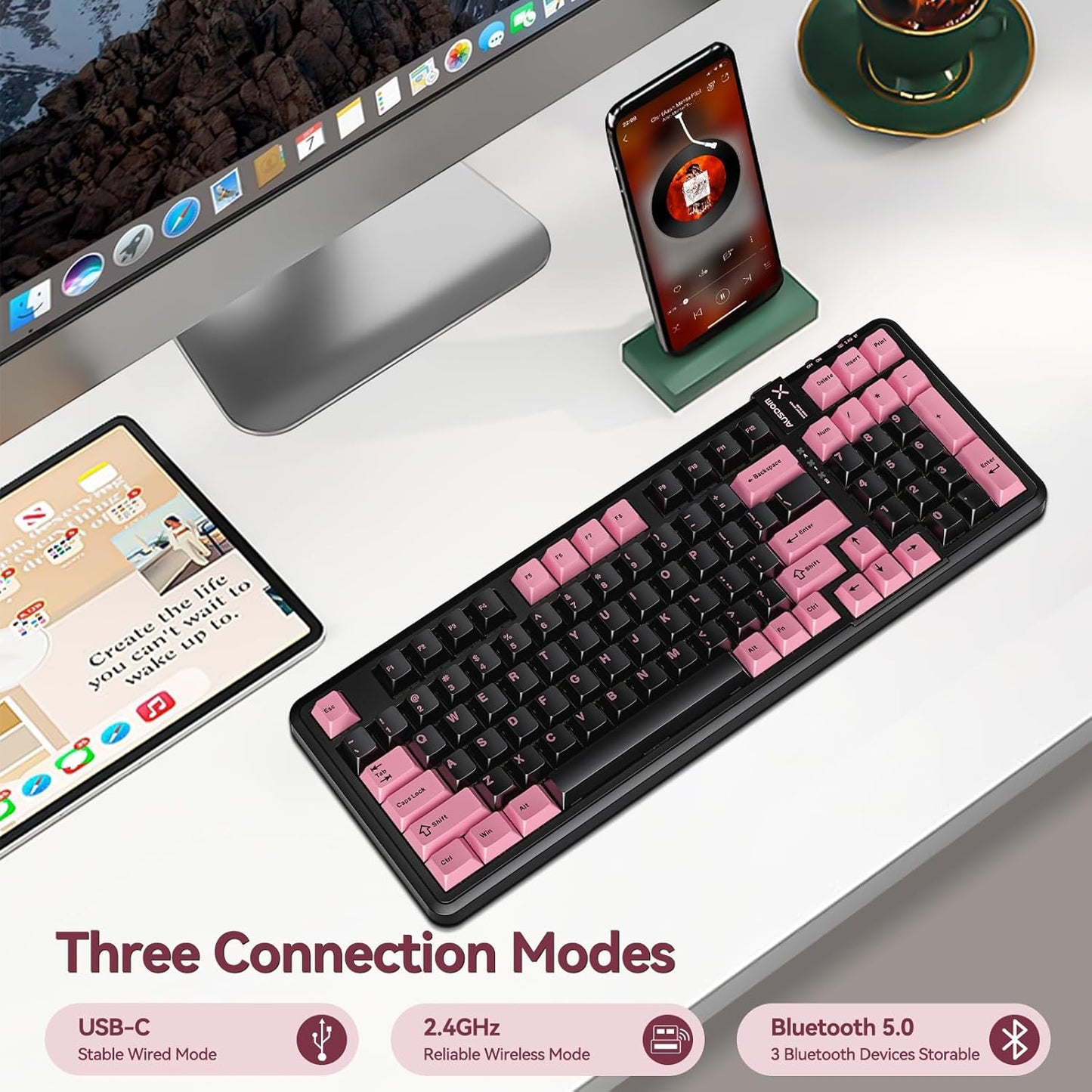 AUSDOM 98Pro Wireless Mechanical Keyboard, Tri-Mode BT/2.4GHz/USB-C Hot Swappable Custom Gaming Keyboard with Backlit, Gasket Structure, Linear Switches for Windows/Mac/PC (Black&Pink 97keys)