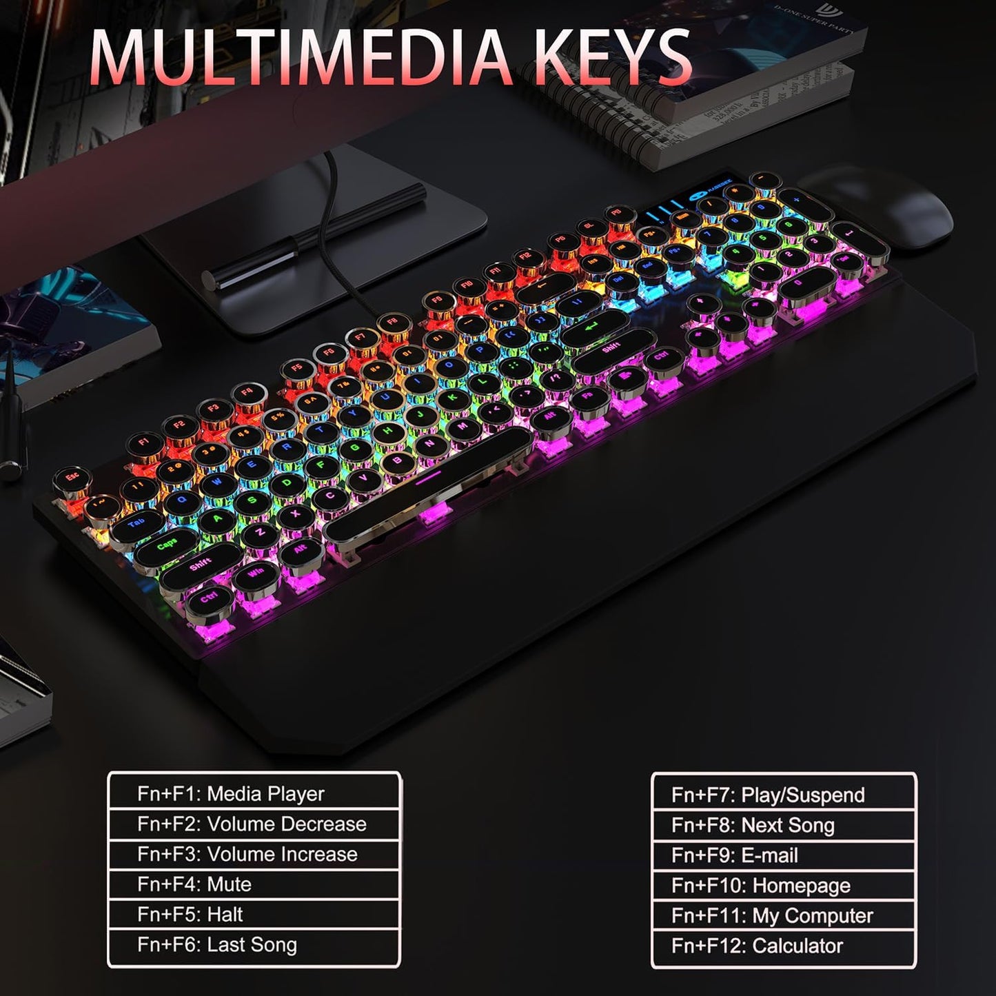 Camiysn Typewriter Style Mechanical Gaming Keyboard, Black Retro Punk Gaming Keyboard with RGB Backlit, 104 Keys Blue Switch Wired Cute Keyboards, Round Keycaps for Windows/Mac/PC