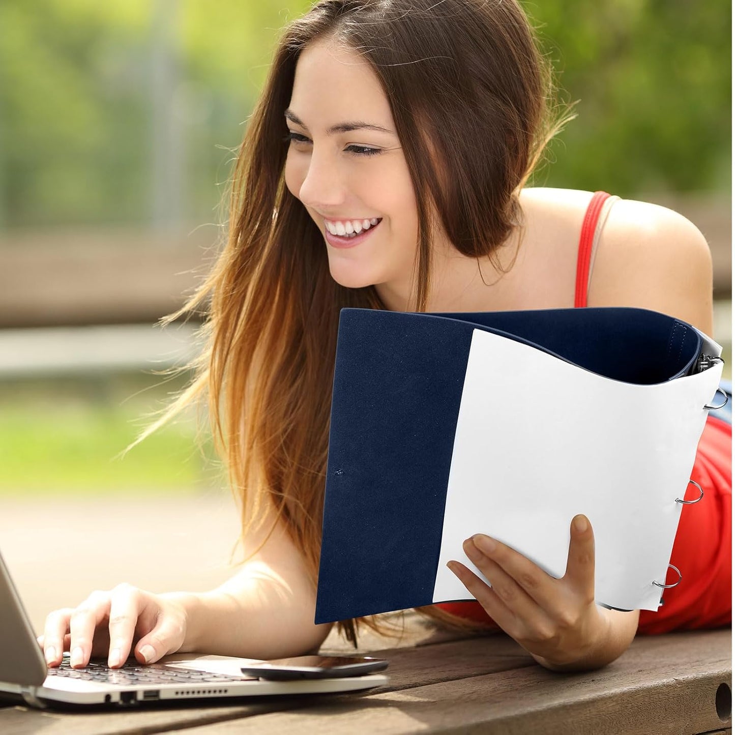 Leather 3 Ring Binder Holds 8.5 x 11 Inch Paper Binder Organizer Vintage Faux Leather Portfolio Folder Planner for Office Home Document Photo Diary Supplies(Navy Blue)