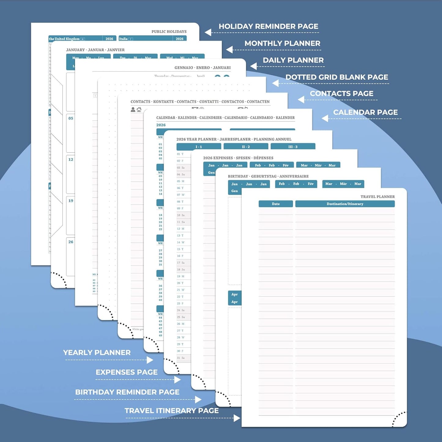 Daily Planner 2026 with One Page Per Day,(A5-8.5" x 5.9"),12 Months Calendar Hourly Appointment Book Monthly Tabs & Self-adhesive Pen Holder,Inner Pocket, Vegan Leather Hardback,Blue