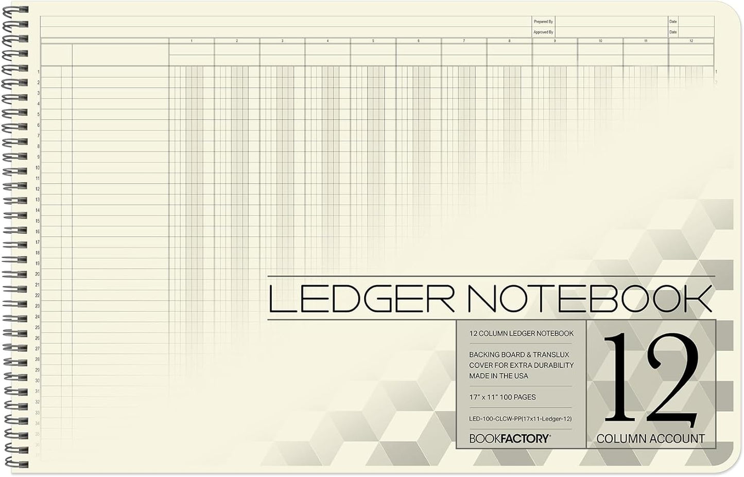 BookFactory Accounting Ledger Notebook/Large 12 Column Accounting Ledger Columnar (Twelve Columns) Log Book - 17'' x 11'', 100 Pages, Wire-O Landscape Format (LED-100-CLCW-PP(17x11-Ledger-12)-AX)