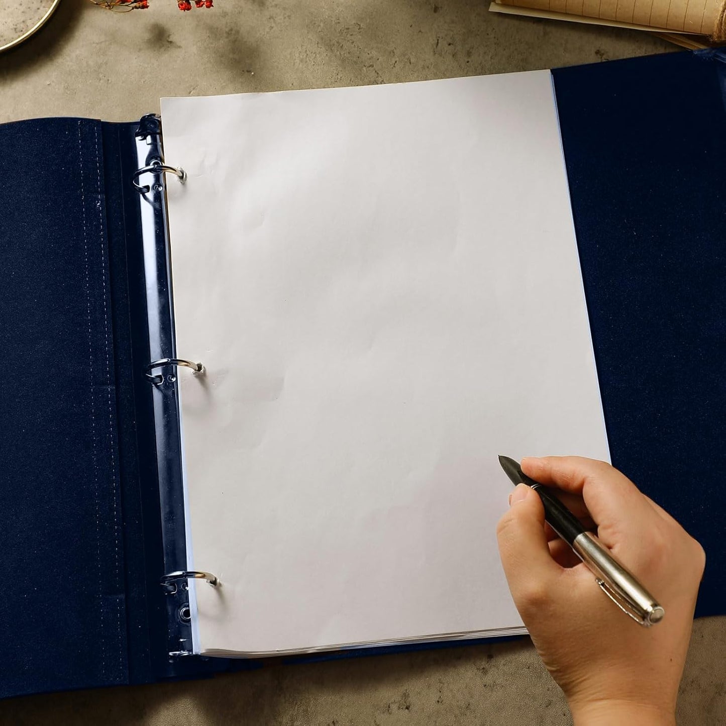 Leather 3 Ring Binder Holds 8.5 x 11 Inch Paper Binder Organizer Vintage Faux Leather Portfolio Folder Planner for Office Home Document Photo Diary Supplies(Navy Blue)