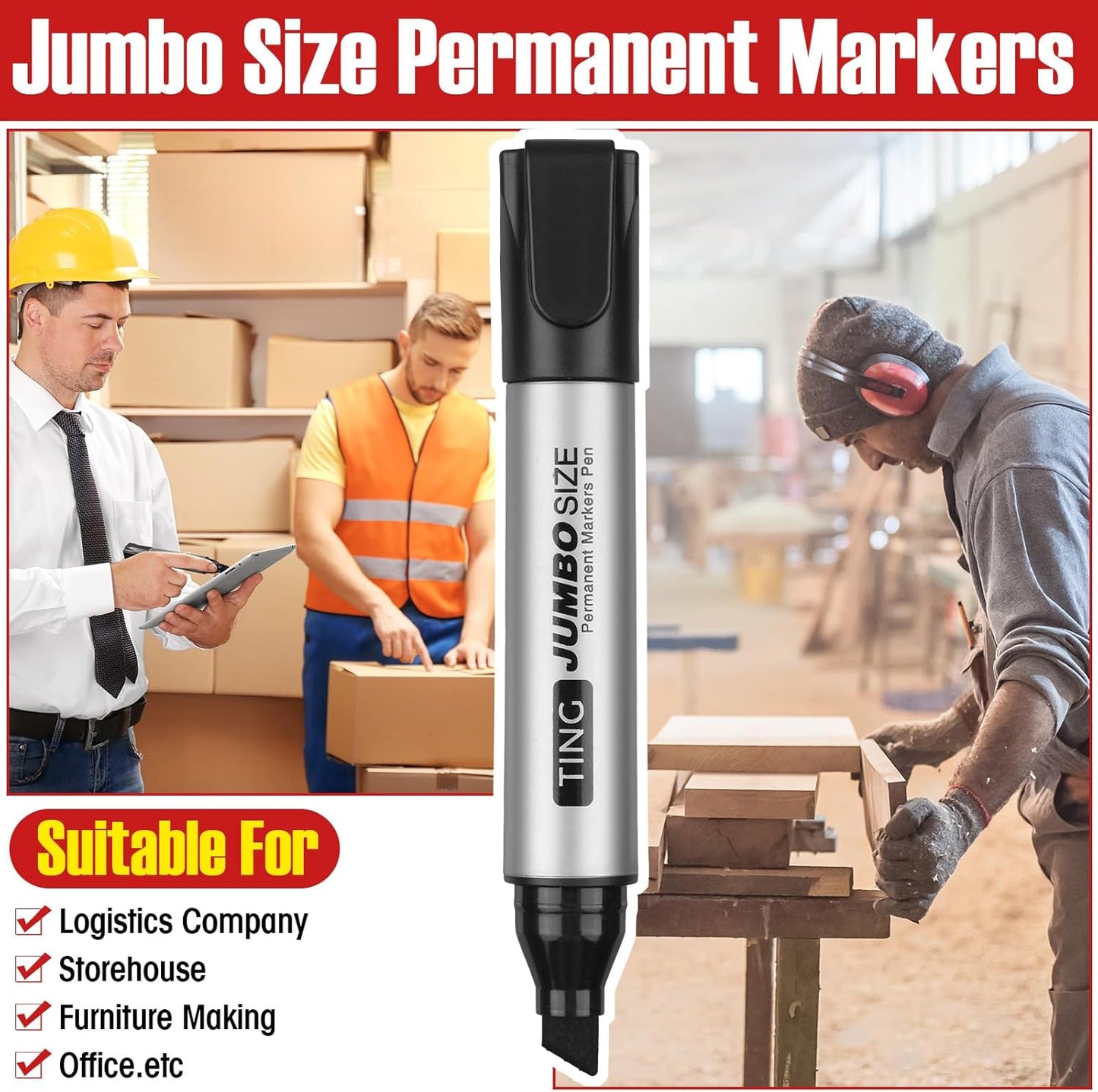 Fuutreo 32 Pcs Jumbo Permanent Markers Bulk Large Chisel Tip Permanent Markers Waterproof Jumbo Pens Quick Drying Office Teacher Supplies(Black)