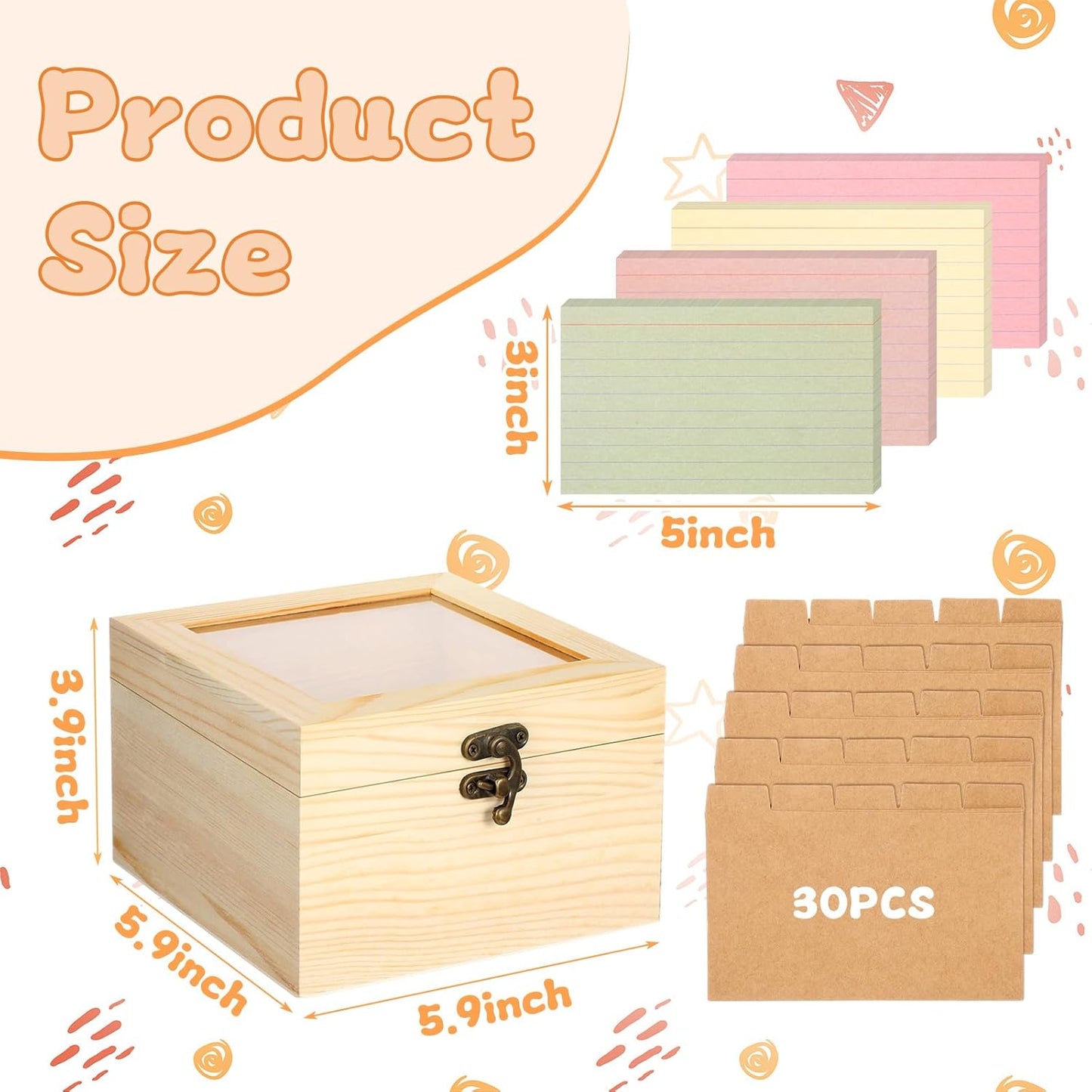 Kathfly 3x5 Index Card Holder Set, 200 Pcs Heavyweight Ruled Notecards and 30 Dividers Wooden Organizer Recipe Box with Flash Card for Home, Office and Kitchen