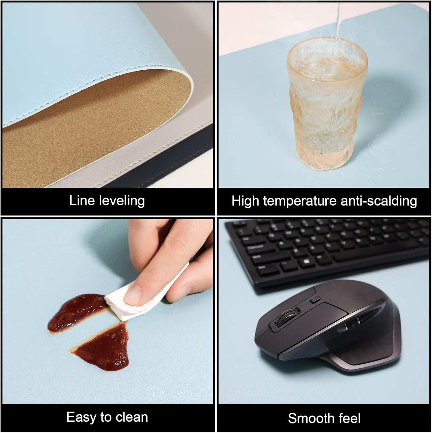 DAWNTREES Dual Sided Desk Mat,Leather Desk Pad,40"x16",Cork Desk Mat Protector,with PU Leather Valet Tray Organizer,Large Mouse Pad,Desk Writing Pad for Office and Home(Light Blue)