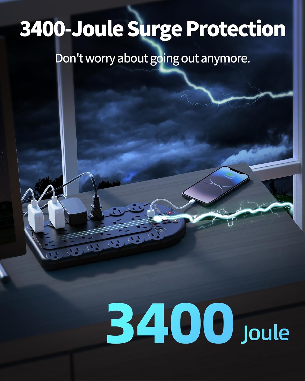 20 Ft Power Strip Surge Protector (3,400 Joules), DEPOW 24 AC Multiple Outlets (1875W/15A) with 6 USBs (2 USB-C Ports), ETL Listed, Flat Plug Heavy Duty Long Extension Cord for Home, Office, Black