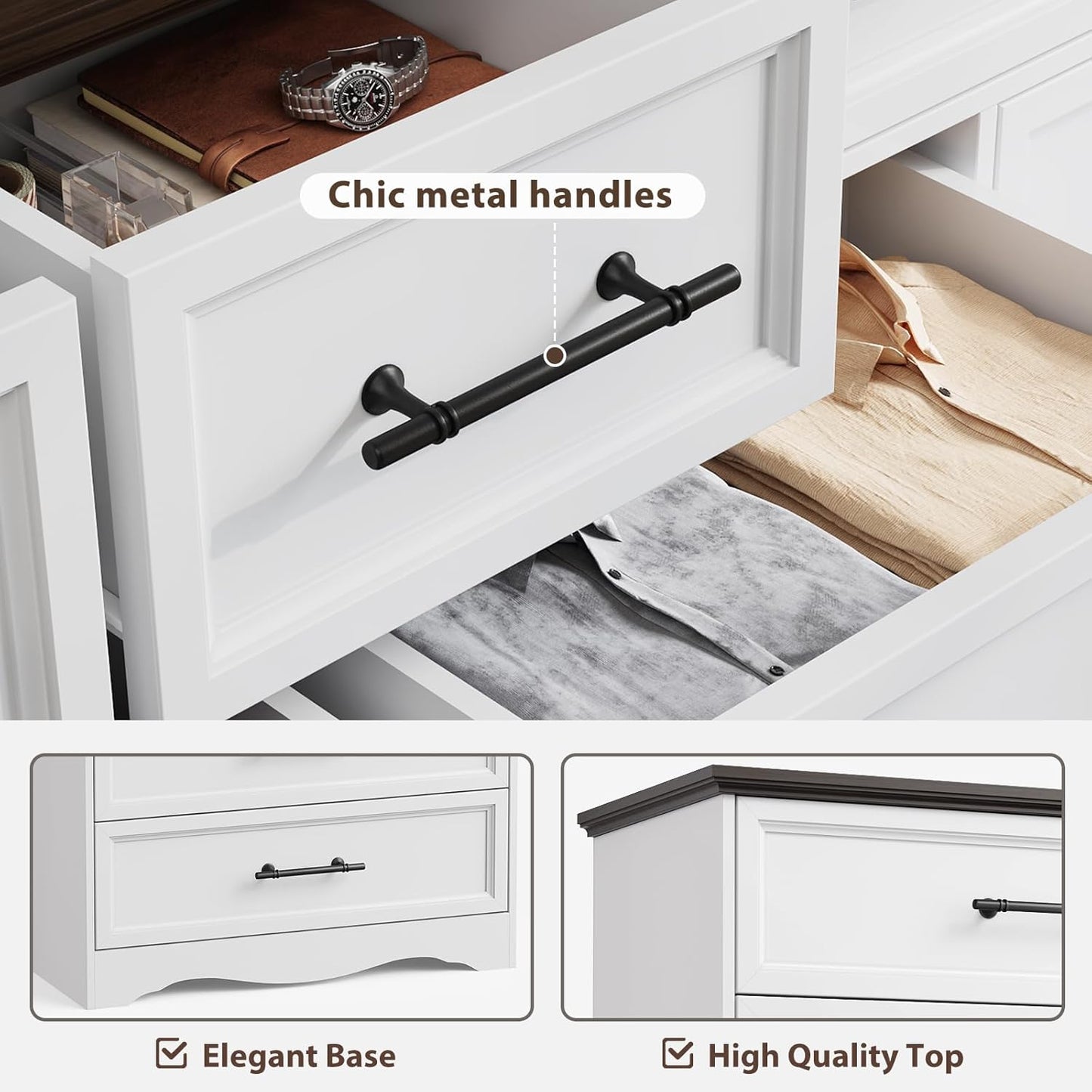 White Dresser for Bedroom, Farmhouse 10 Chest of Drawers, 59" Wide Chest of Drawers with Brushed Metal Handle, Wood Closet Organizers and Storage Cabinet for Bedroom, Living Room, Hallway