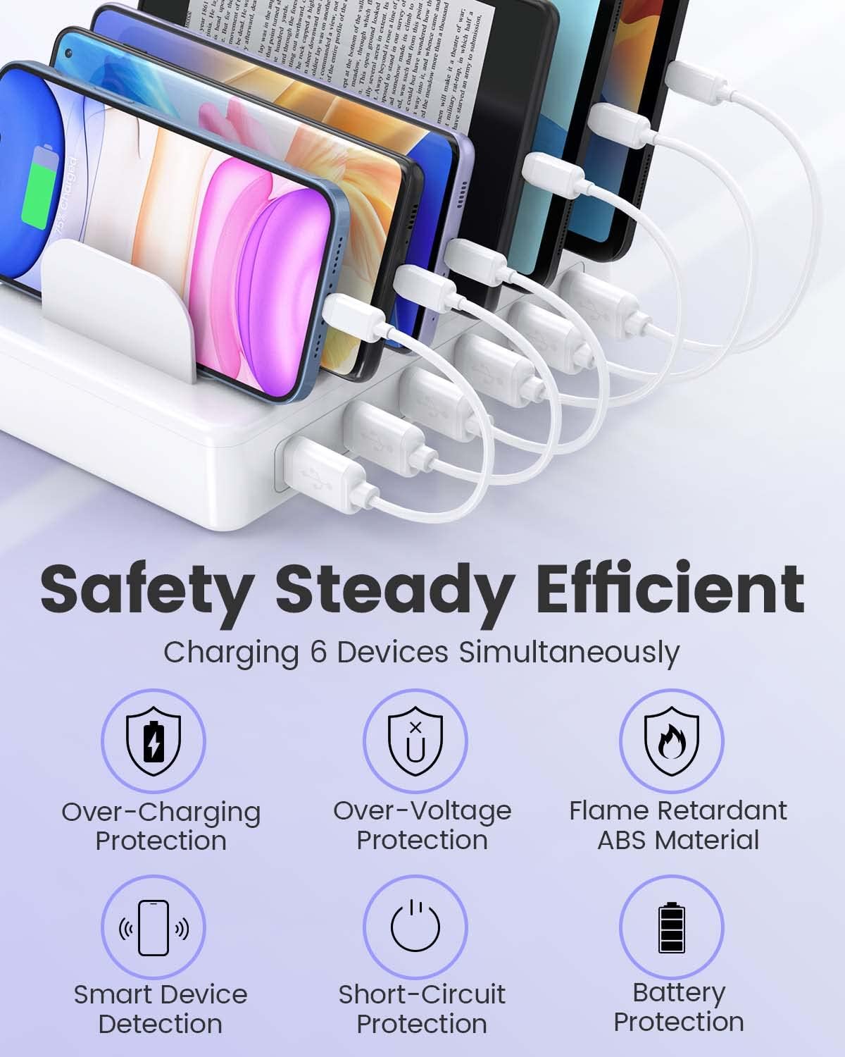 Charging Station for Multiple Devices Apple, CREATIVE DESIGN 50W Multi Charger Station with 6 USB Ports & 6 Cables, Charging Dock for Apple Android Phone iPad Kindle Tablet and Other Electronic