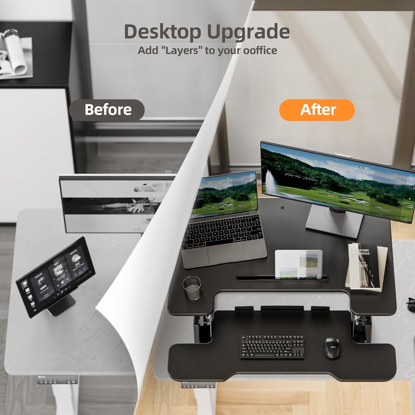 Claiks Standing Desk Converter 36 inch, Height Adjustable Sit Stand Up Desk Riser, Quick Sit to Stand Tabletop Dual Monitor Riser Workstation for Home Office with Keyboard Tray, Black