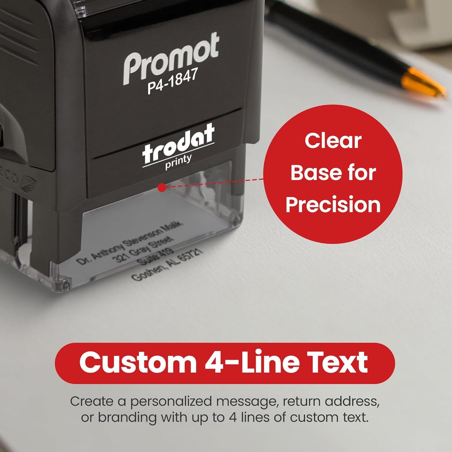 Promot Self Inking Stamp - Medium Custom Stamp for Name, Address, Office, or Business Use - Up to 4-Line Personalized Rubber Stamp - Customizable Font & Ink Color - Personalized Name Stamp