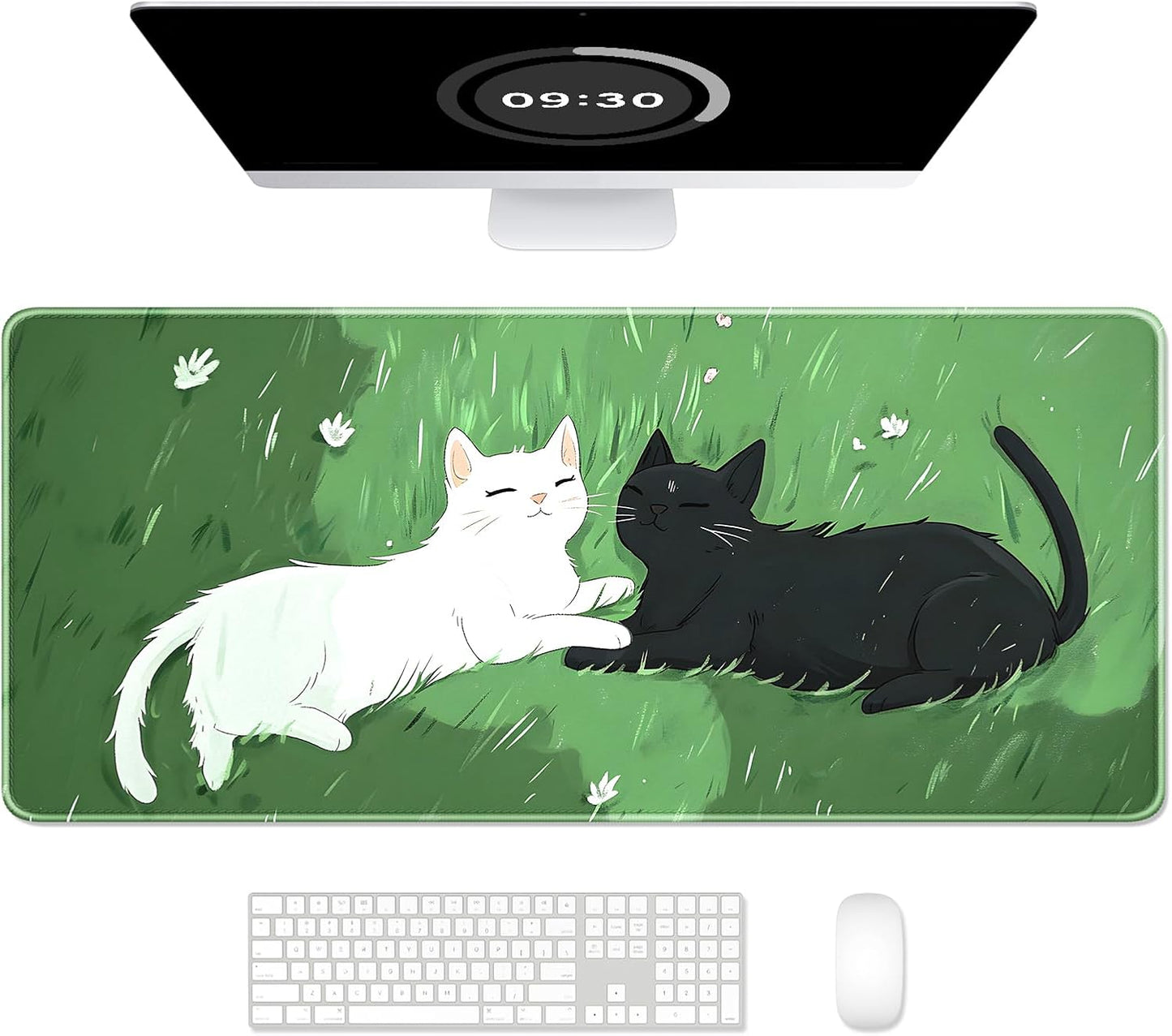 Auhoahsil Large Gaming Mouse Pad, Cute Cat Theme XXL 35.4 x 15.7 in Desk Pad Stitched Non-Slip Rubber Long Computer Mousepad Thin Extended Full Size Desk Mat for Desktop Laptop Wireless Mice, Green