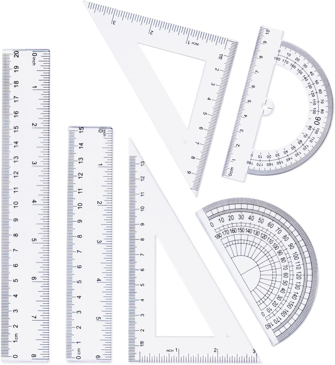 Geometry Set, 6-Piece Clear Plastic Math Ruler, Drafting Ruler Kit Includes Protractor, Triangle Ruler, Straight Ruler-Math Measurement Tools for Students, School and Office Supplies