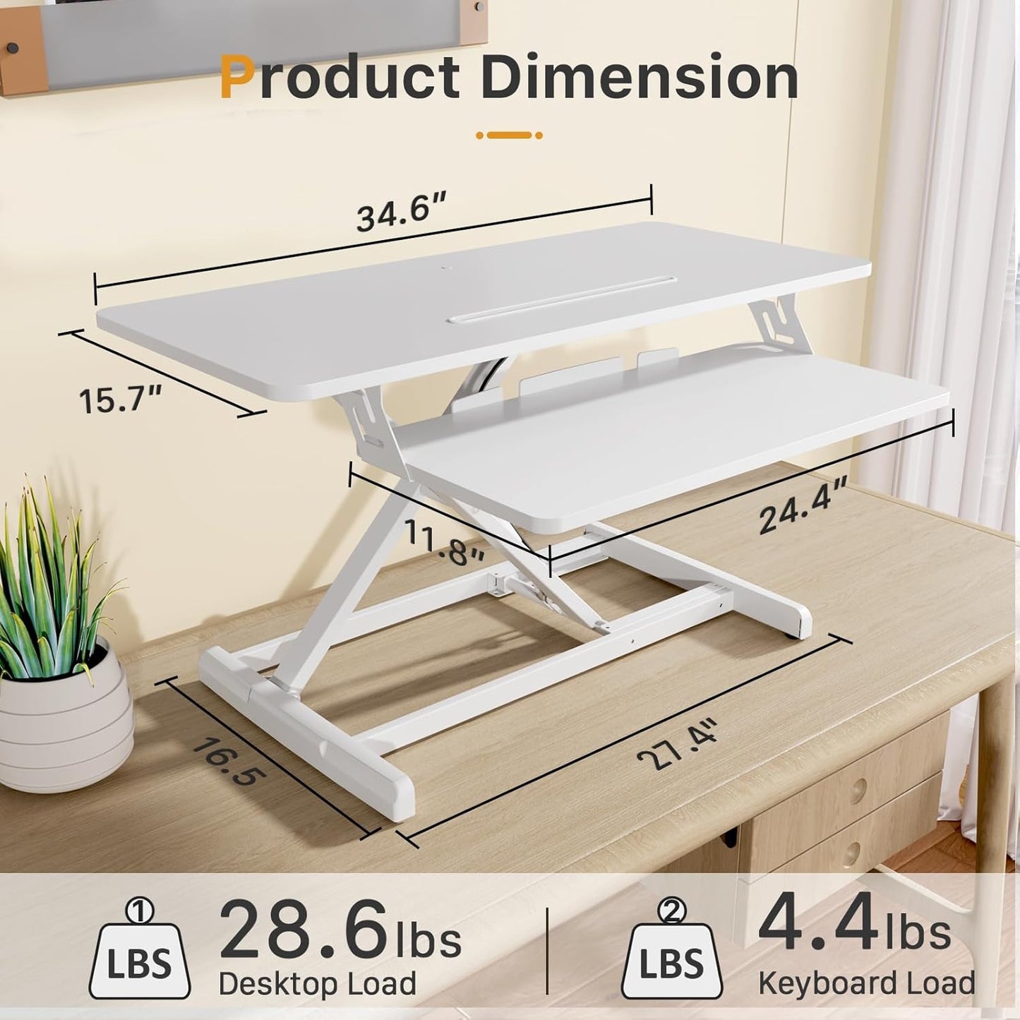 JOY worker Standing Desk Converter, 35" Wide Height Adjustable Sit Stand Up Desk Riser with Keyboard Tray, Desktop Workstation Riser for Home Office Computer Laptop, Particle Board, White