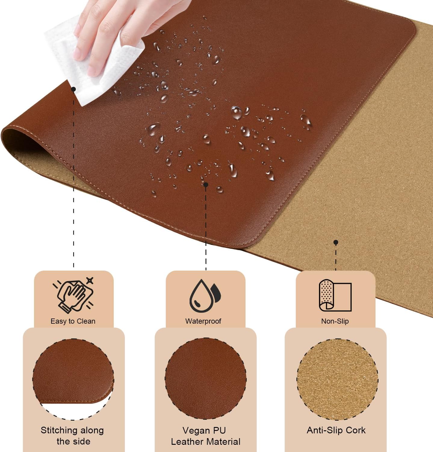 BLESWIN Large Desk Pad Mat 47.2"" x 17"", Office Desk Mat, Non-Slip PU Leather & Cork Desk Blotter for Keyboard and Mouse, Large Desk Mat, Large Mouse Pad for Office & Home(Brown)
