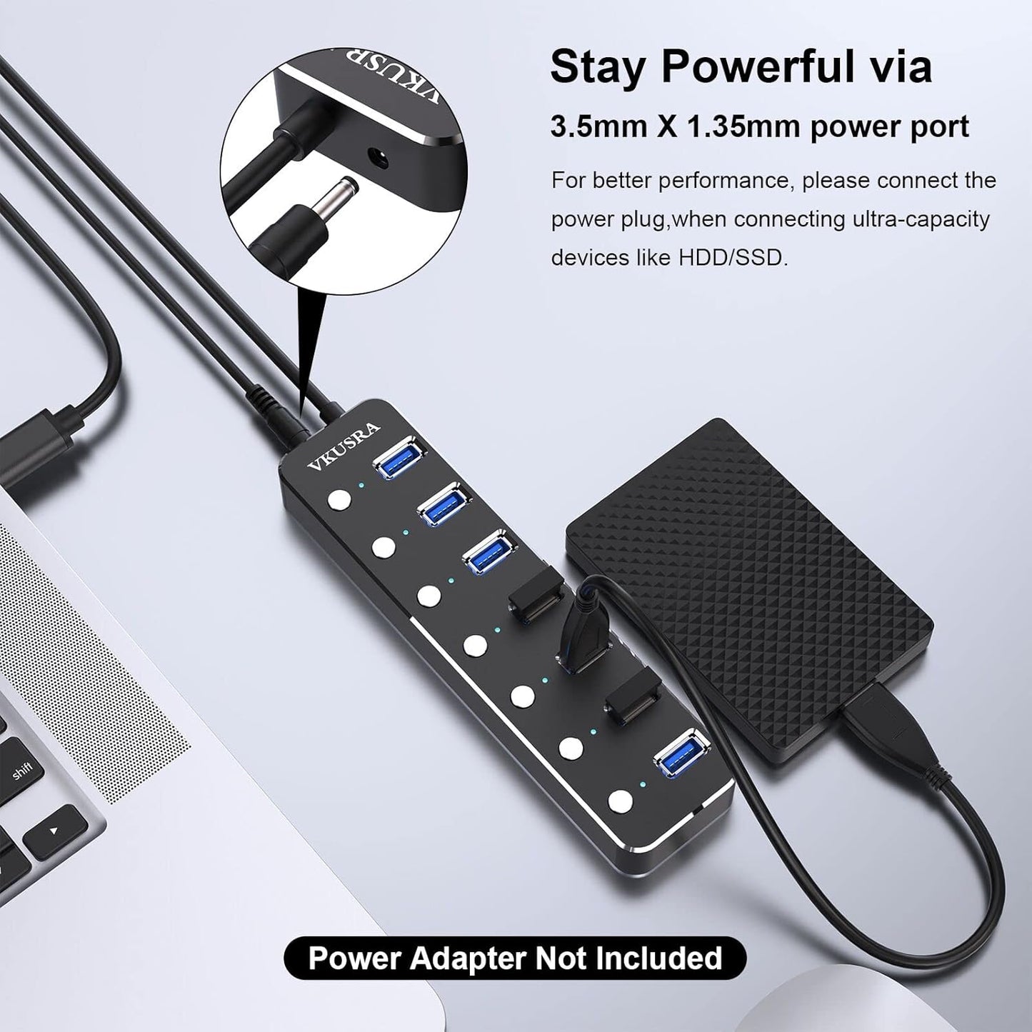 USB Hub, VKUSRA 7 Port USB Hub 3.0 with 4ft USB Long Cable, and Aluminum USB 3.0 Hub with Individual On/Off Switch and LED Indicator, USB Splitter for Laptop & PC, Power Adapter Not Included