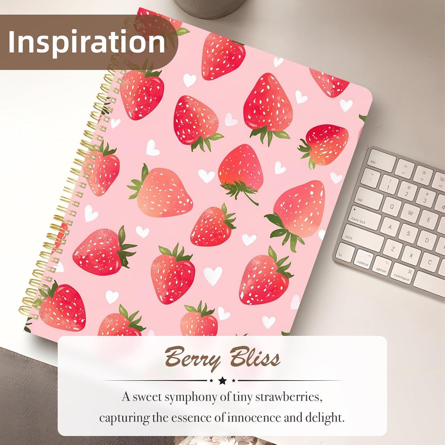 Cute Spiral Notebook journal A4 Aesthetic Pretty Design for Women Girls Kawaii with Pocket, 8.5 x 11 inch, Graph, Strawberry