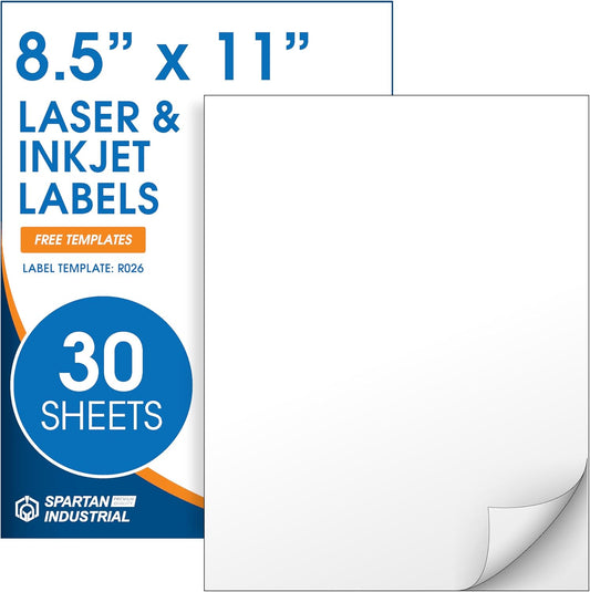 8.5" X 11" Full-Sheet Printable Labels Compatible with Inkjet and Laser Printers - 30 Sheets, 30 Matte White Paper Stickers for Shipping, Mailing, and DIY Projects - Spartan Industrial
