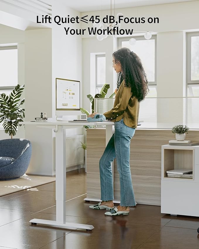 FEZIBO One-Piece Standing Desk Adjustable Height Stand up Home Office Desk, 48x24 Inch Electric Standing Computer Desk, with 4 Memory Presets, Fixable casters, White